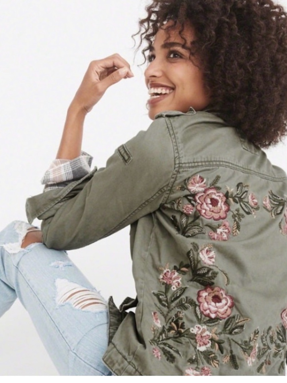Abercrombie & Fitch Olive Green Floral Embroidered Utility Jacket
